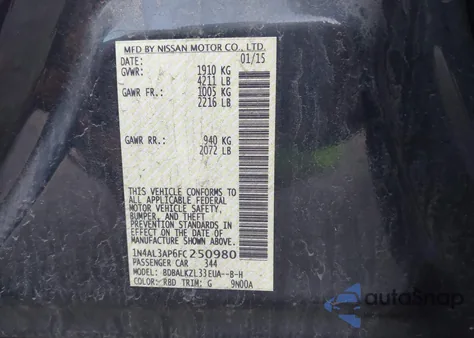 2015 Nissan Altima 2.5 Sv из США, поврежденный, VIN 1N4AL3AP6FC250980